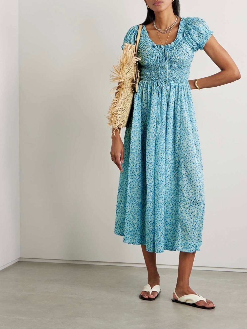 Doen Aqua Floral Smocked Midi Ashlynn Dress